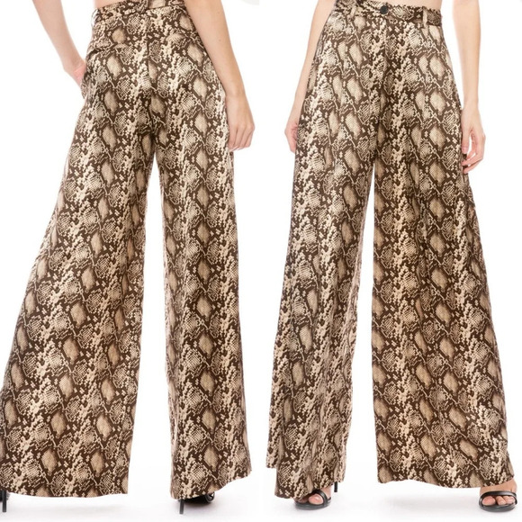 Nili Lotan Adalene Silk Dark Brown Snake Print Wide Leg Pants Size 10 - Picture 2 of 7